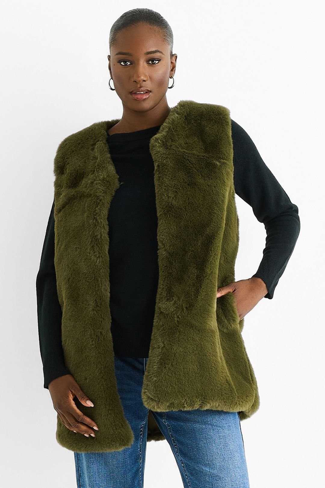 Gini London Gini London Women's Khaki No Cut Faux Gilet Fur Sleeveless Jacket