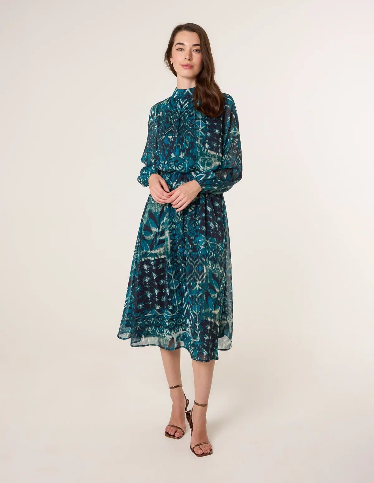Blue Vanilla Watercolour Paisley Puffball High Neck Midi Dress