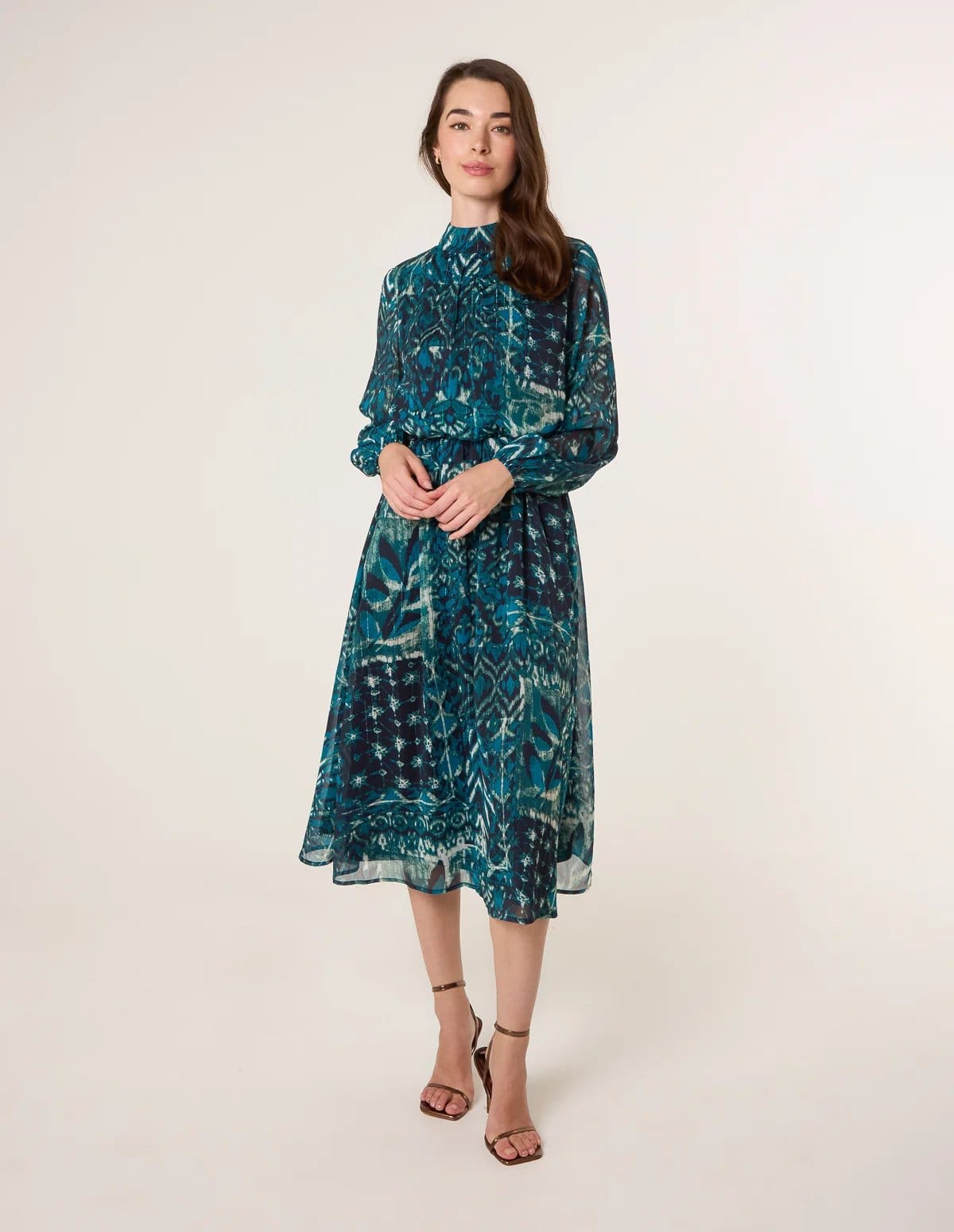 Blue Vanilla Watercolour Paisley Puffball High Neck Midi Dress - 1