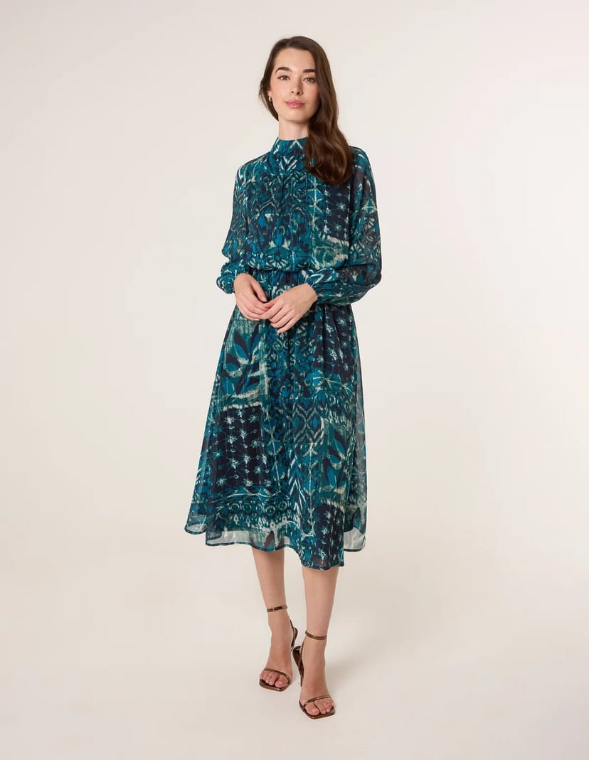 Blue Vanilla Watercolour Paisley Puffball High Neck Midi Dress - 1