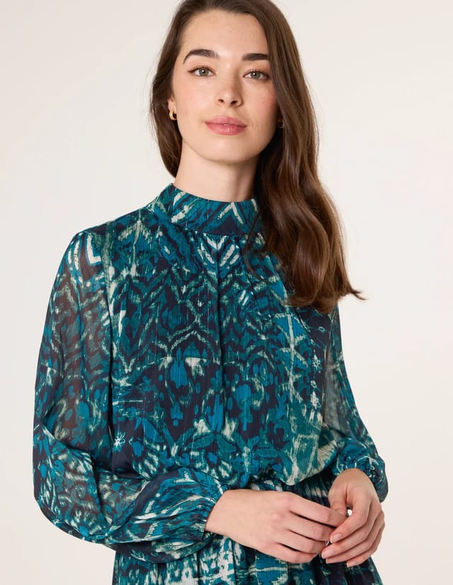 Blue Vanilla Watercolour Paisley Puffball High Neck Midi Dress - 2