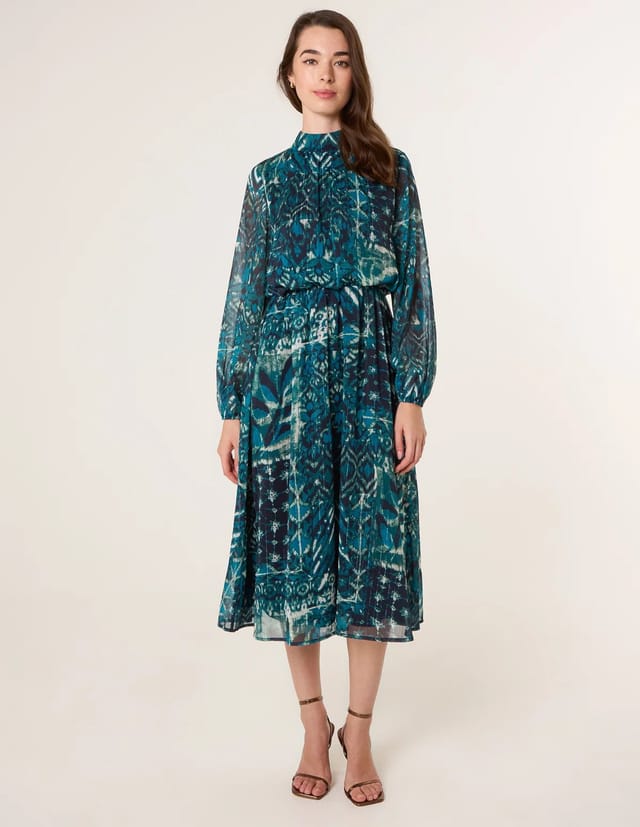 Blue Vanilla Watercolour Paisley Puffball High Neck Midi Dress - 3