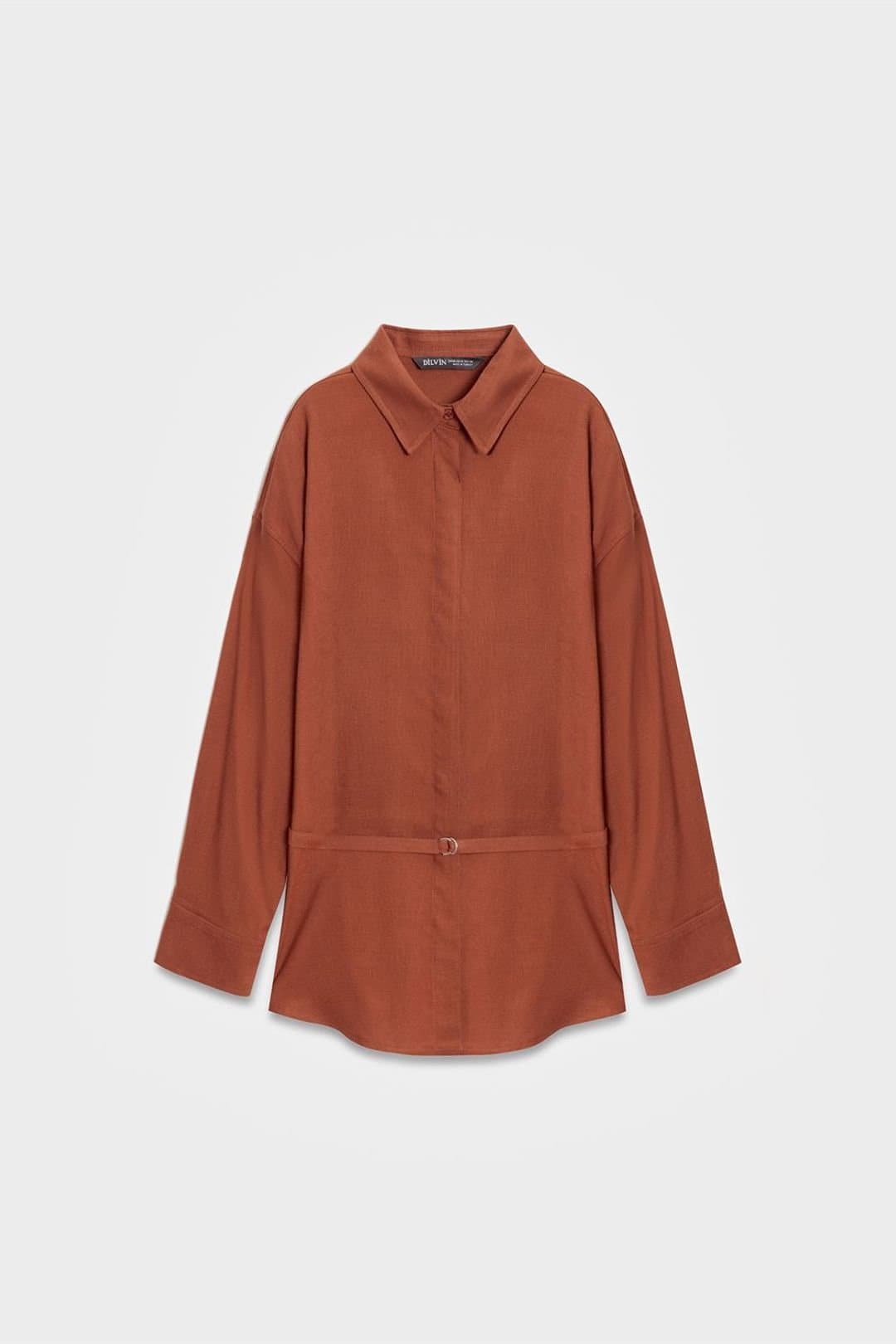 Dilvin Dilvin Women's Long Belted Woven Shirt in Terracotta
