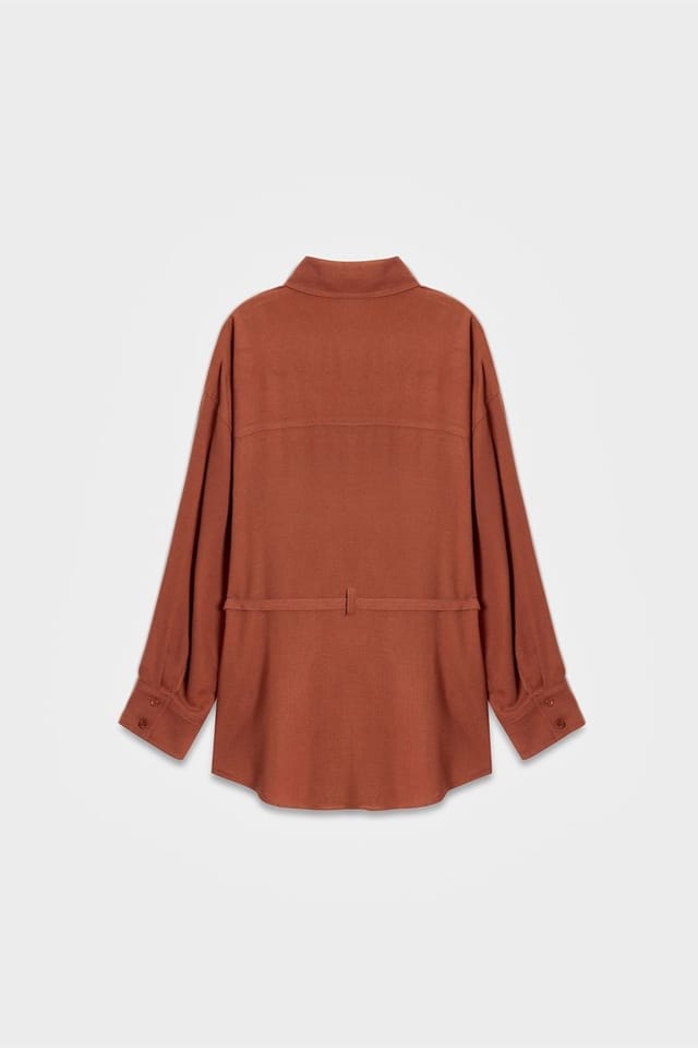 Dilvin Dilvin Women's Long Belted Woven Shirt in Terracotta - 2