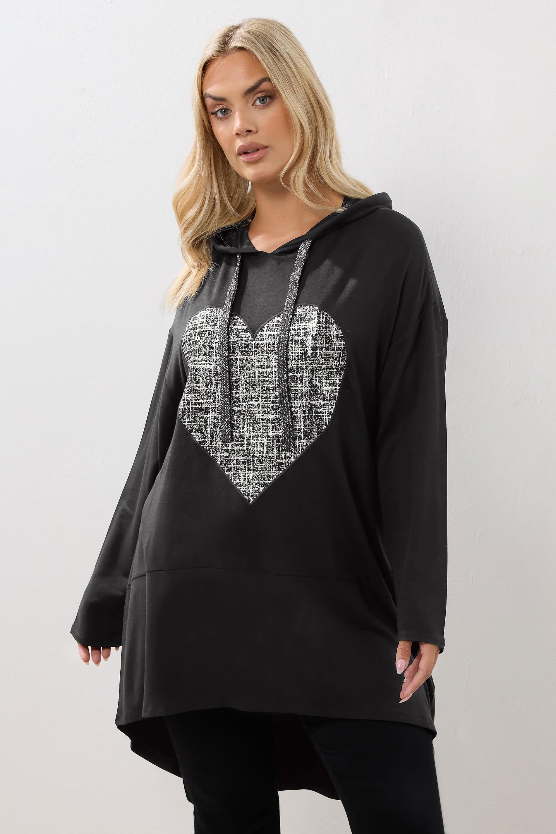 Yours Plus Size Black Heart Print Longline Hoodie