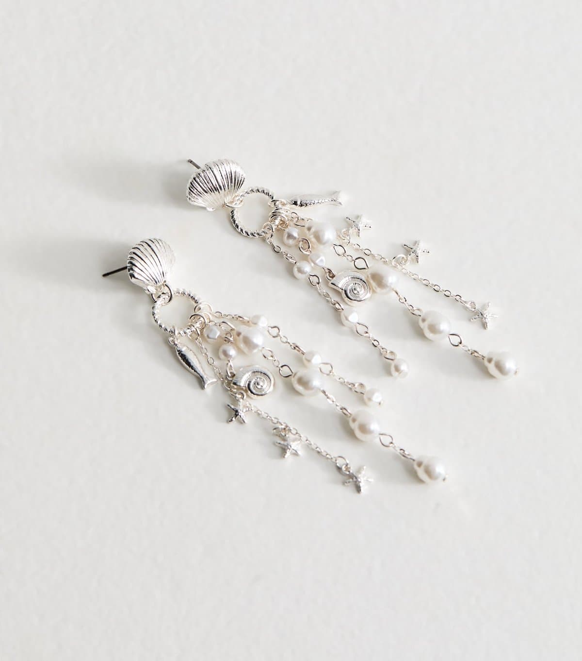 New Look Silver Tone Shell Charm Faux Pearl Drop Earrings New Look