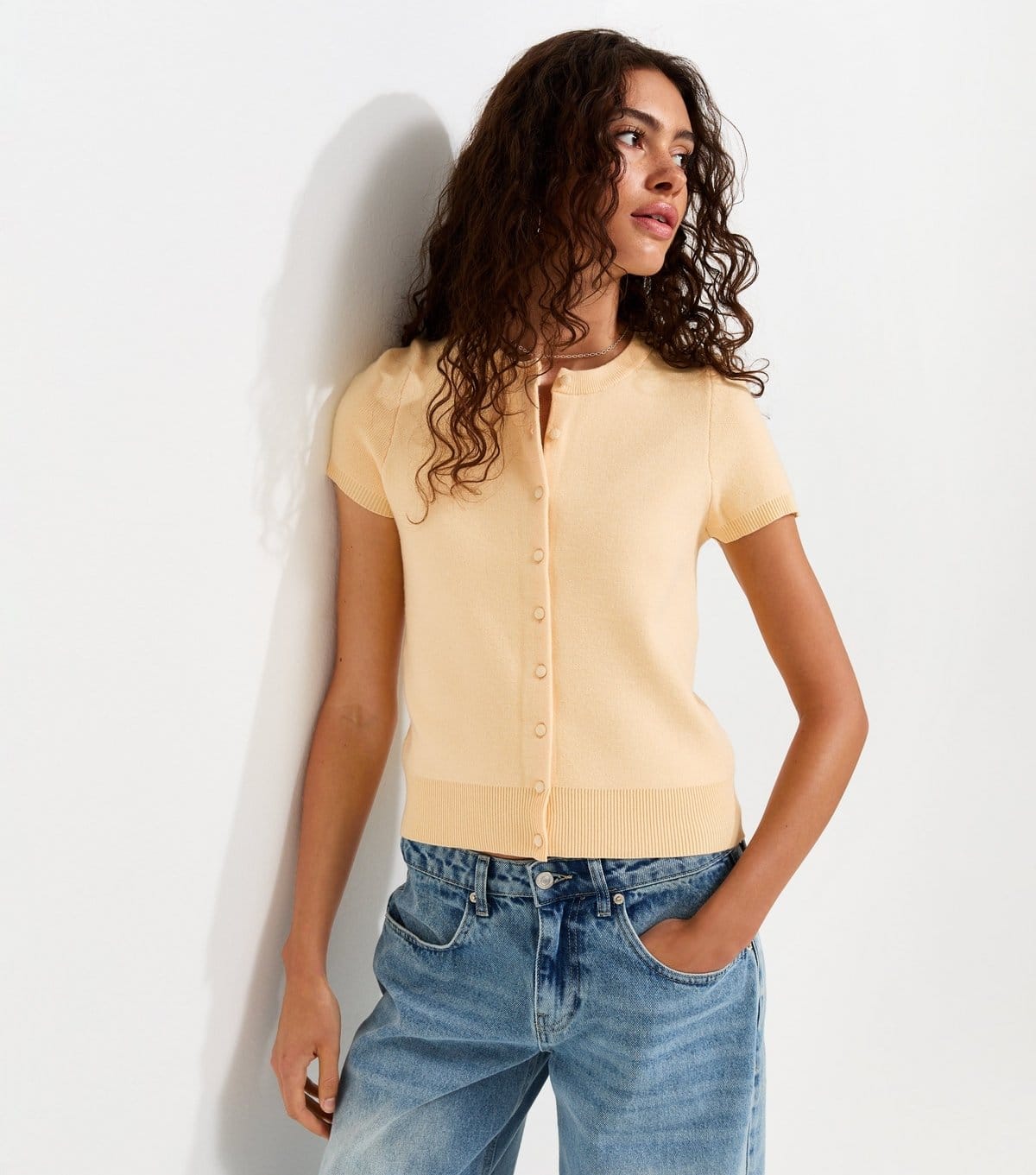 New Look Women's Light Yellow Compact Knit Cap Sleeve Buttoned Top New Look - 1