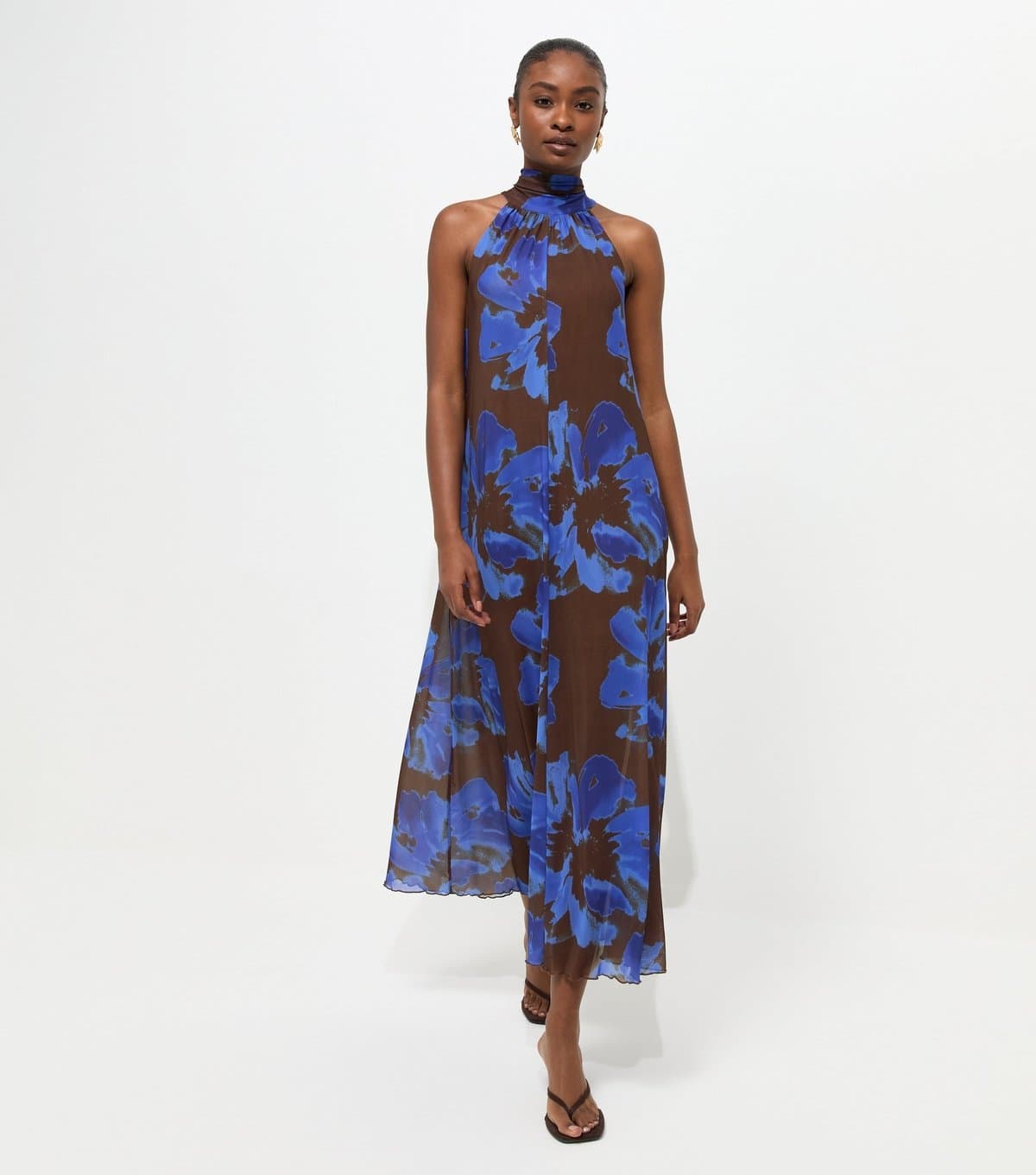 New Look Women's Brown Floral Halter Neck Mesh Midaxi Dress New Look