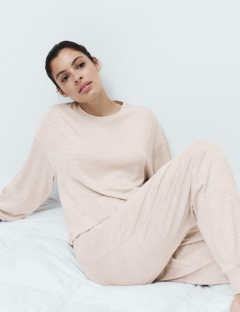 Marks & Spencer M&S Cosy Knit Printed Cuffed Pyjama Set Cream - 1