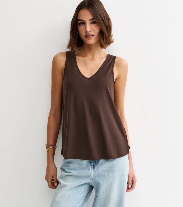 New Look Women's Dark Brown Relaxed V Neck Tank Top New Look - 3