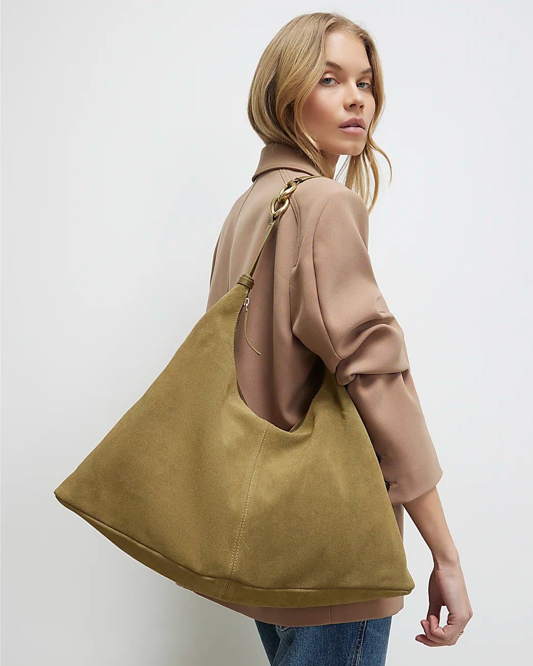 River Island River Island Womens Khaki Suede Chain Link Handle Shoulder Bag