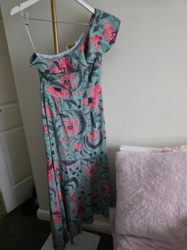 LC Waikiki Stunning green and pink floral one shoulder maxi dress