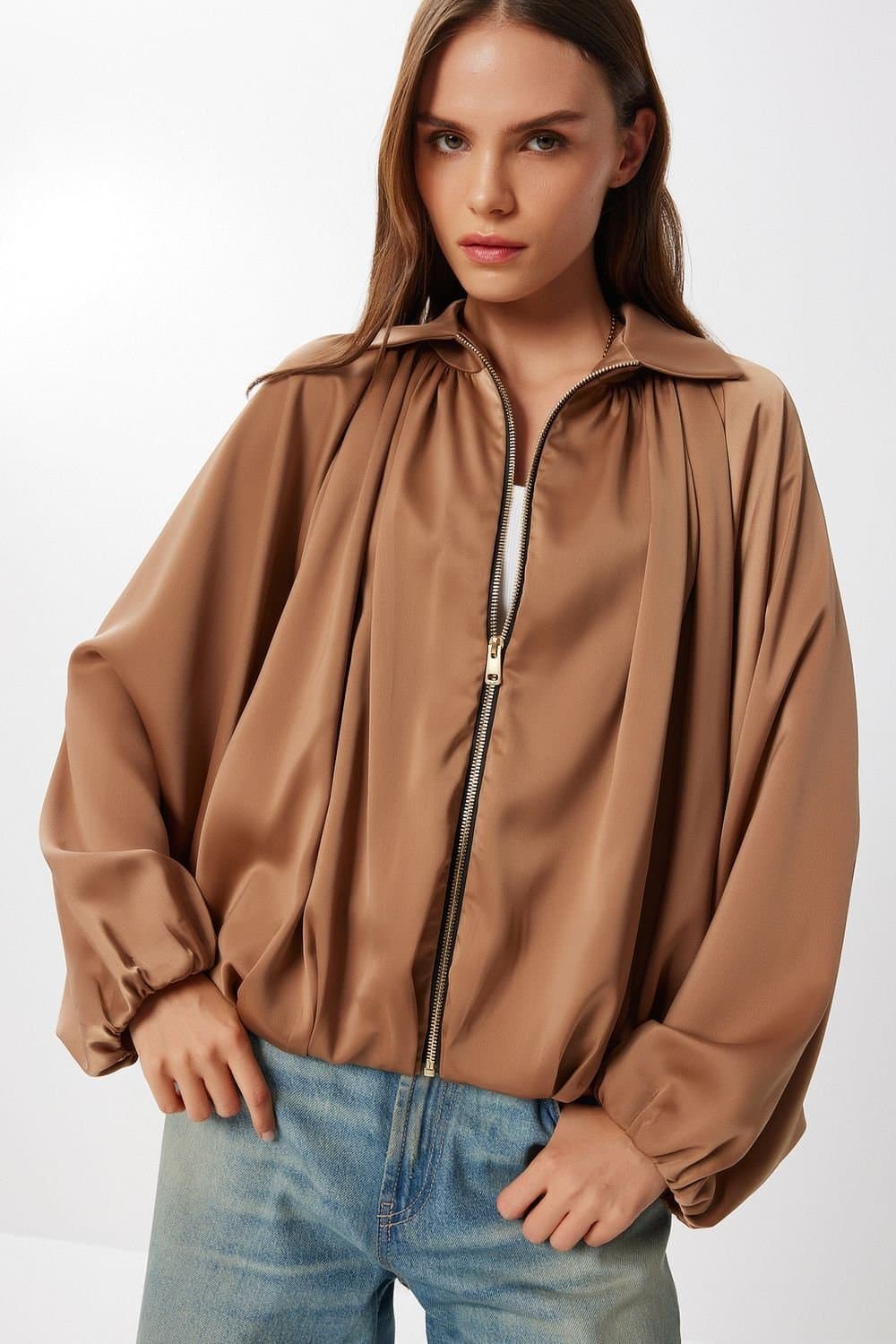 Happiness Istanbul Happiness Istanbul Women's Satin Weave Bomber Jacket with Zipper Closure in Camel