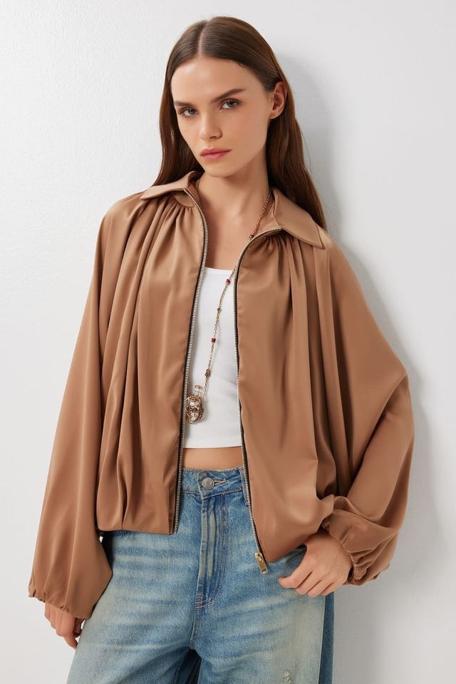 Happiness Istanbul Happiness Istanbul Women's Satin Weave Bomber Jacket with Zipper Closure in Camel - 2