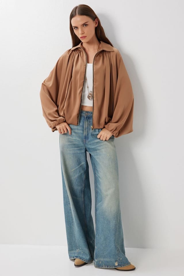 Happiness Istanbul Happiness Istanbul Women's Satin Weave Bomber Jacket with Zipper Closure in Camel - 3