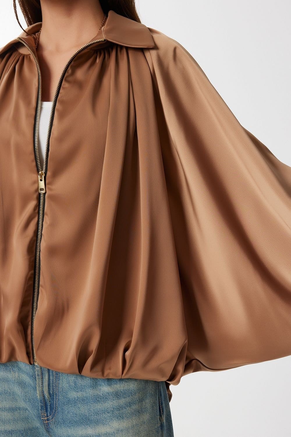 Happiness Istanbul Happiness Istanbul Women's Satin Weave Bomber Jacket with Zipper Closure in Camel - 4