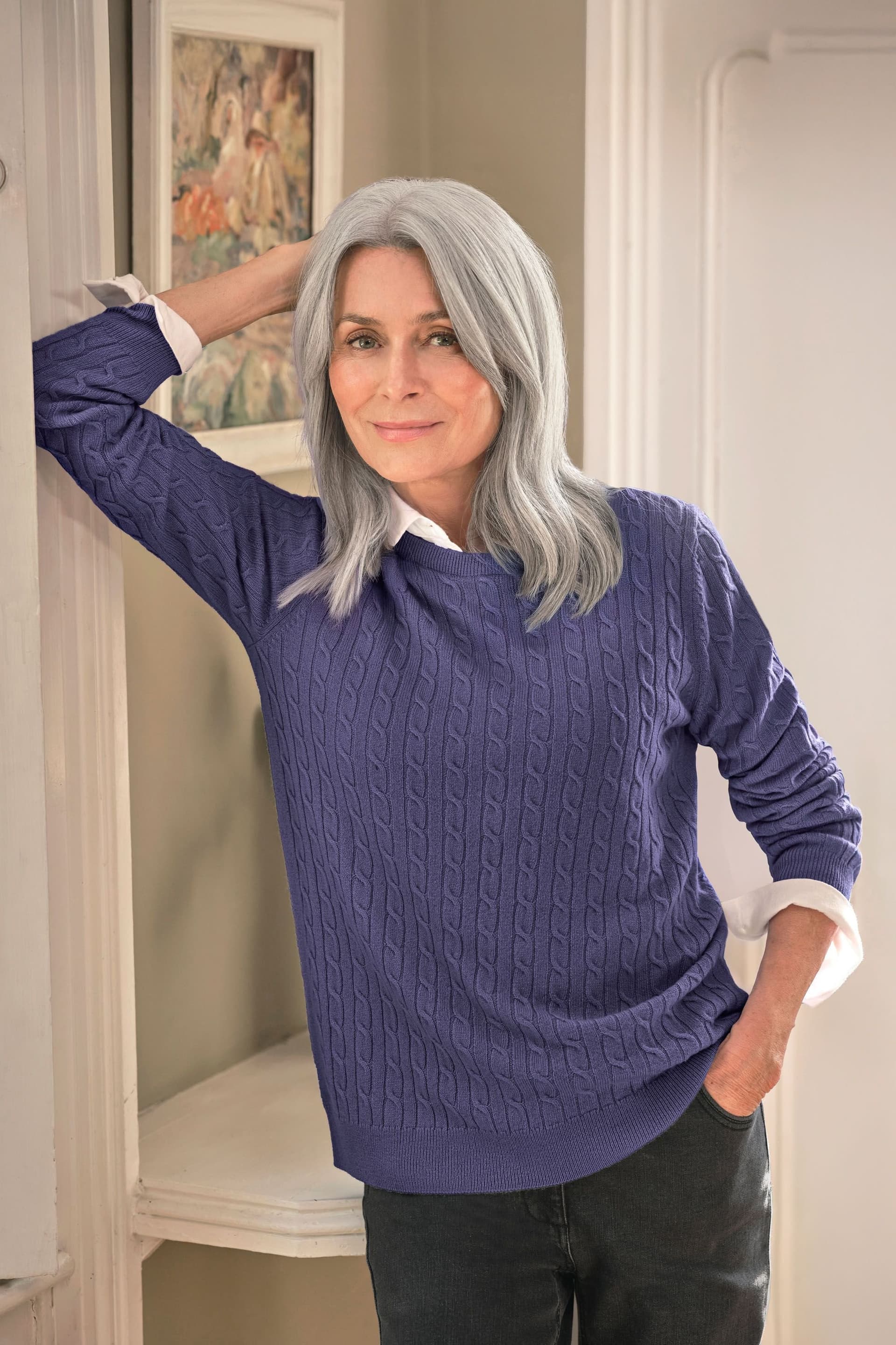 WoolOvers WoolOvers Women's Cashmere Merino Cable Crew Neck Jumper in Purple