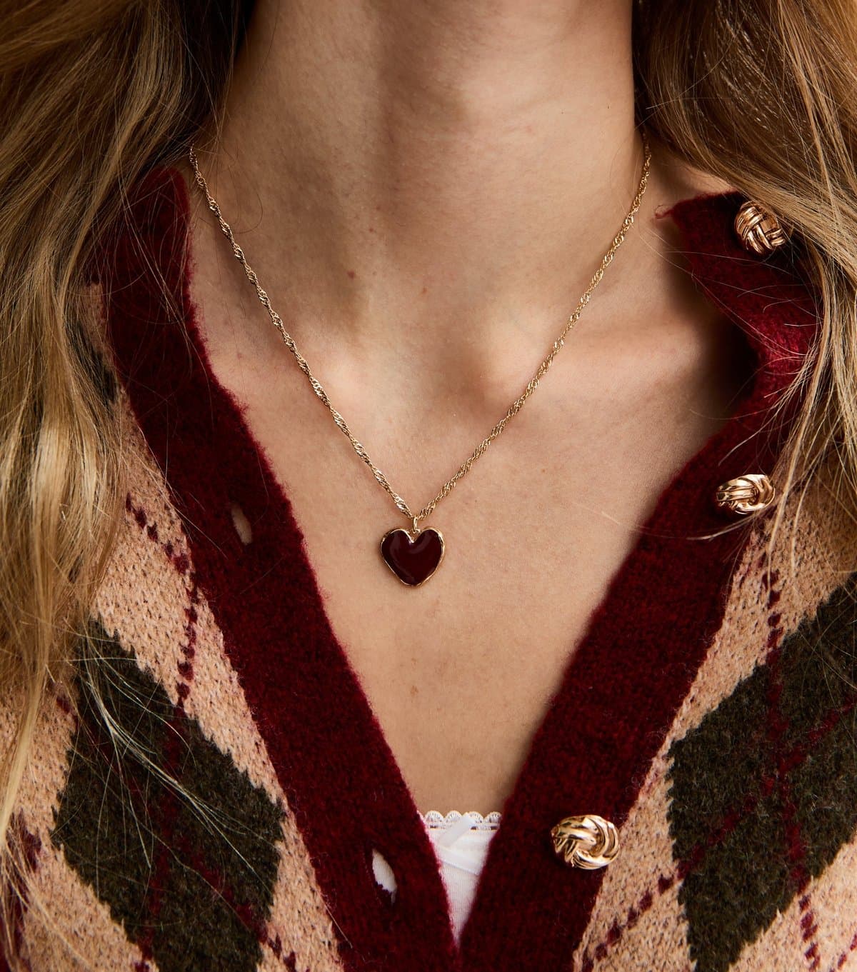 New Look New Look Gold Tone Burgundy Enamel Heart Pendant Necklace