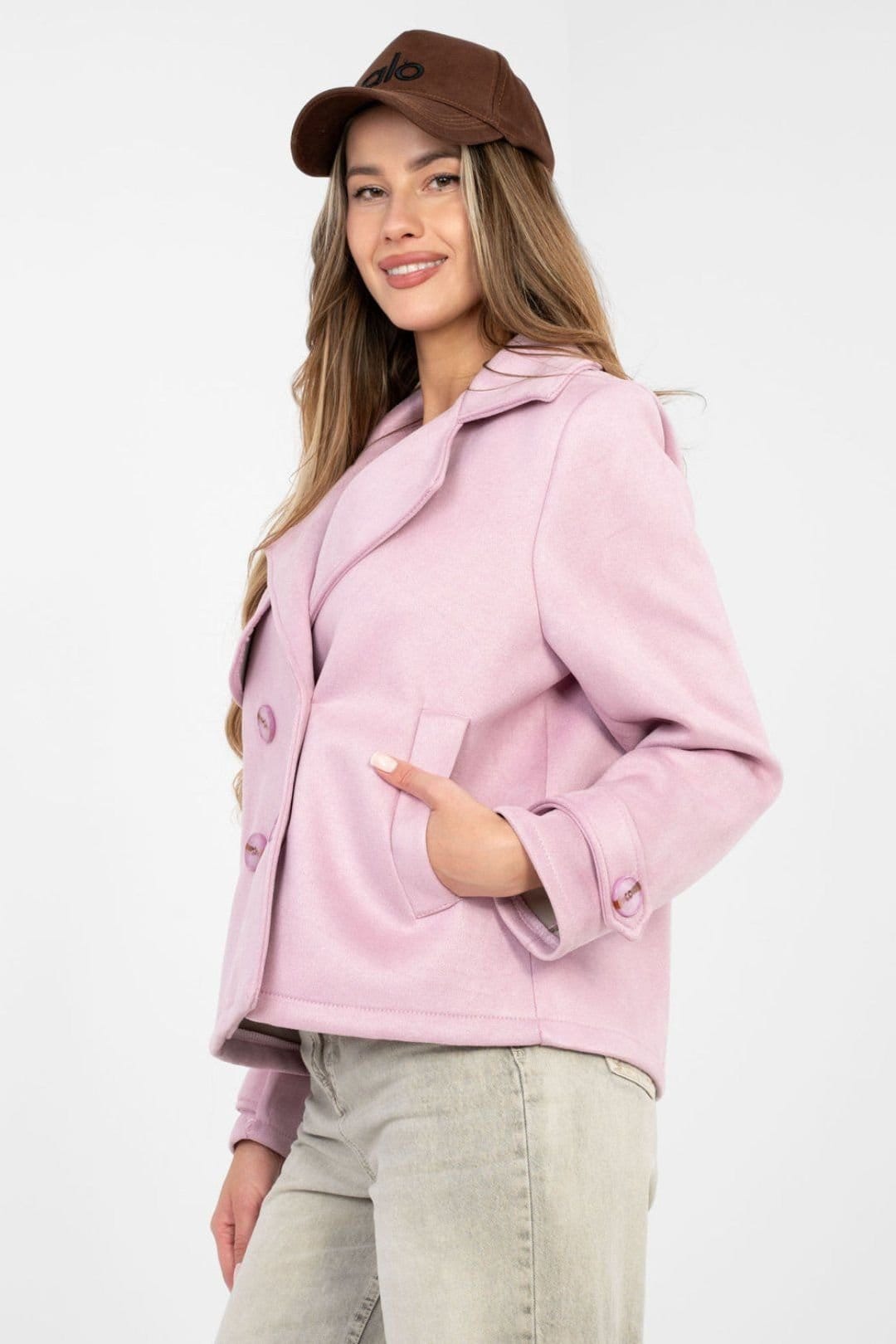 Love Lace Love Lace Women's Suede Double Breasted Transitional Coat in Pink - 4