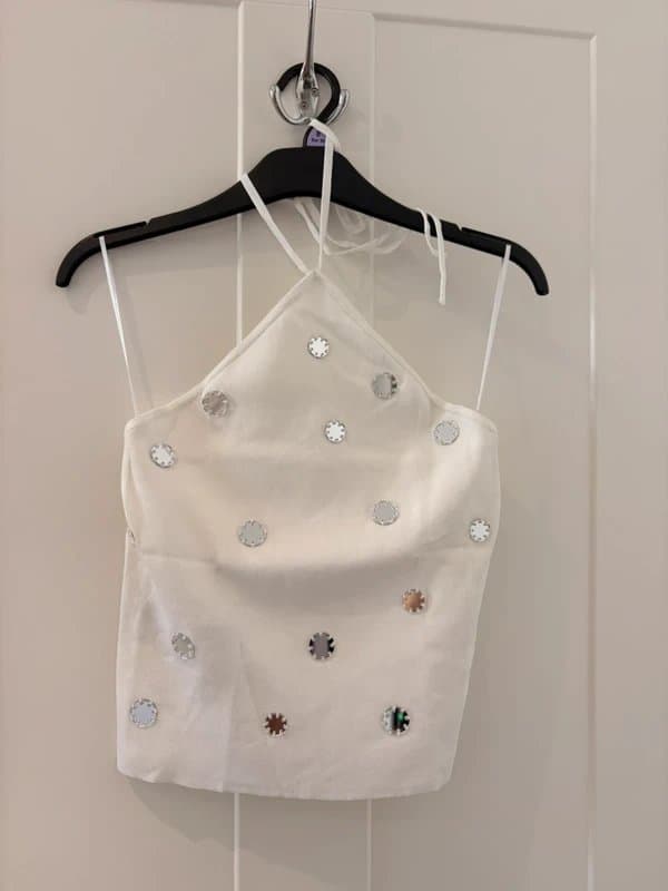 Mango Mango BNWT white fine knit ribbed halterneck top sequin mirror detail strappy cami top sleeveless