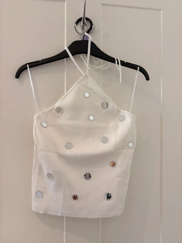 Mango Mango BNWT white fine knit ribbed halterneck top sequin mirror detail strappy cami top sleeveless - 1