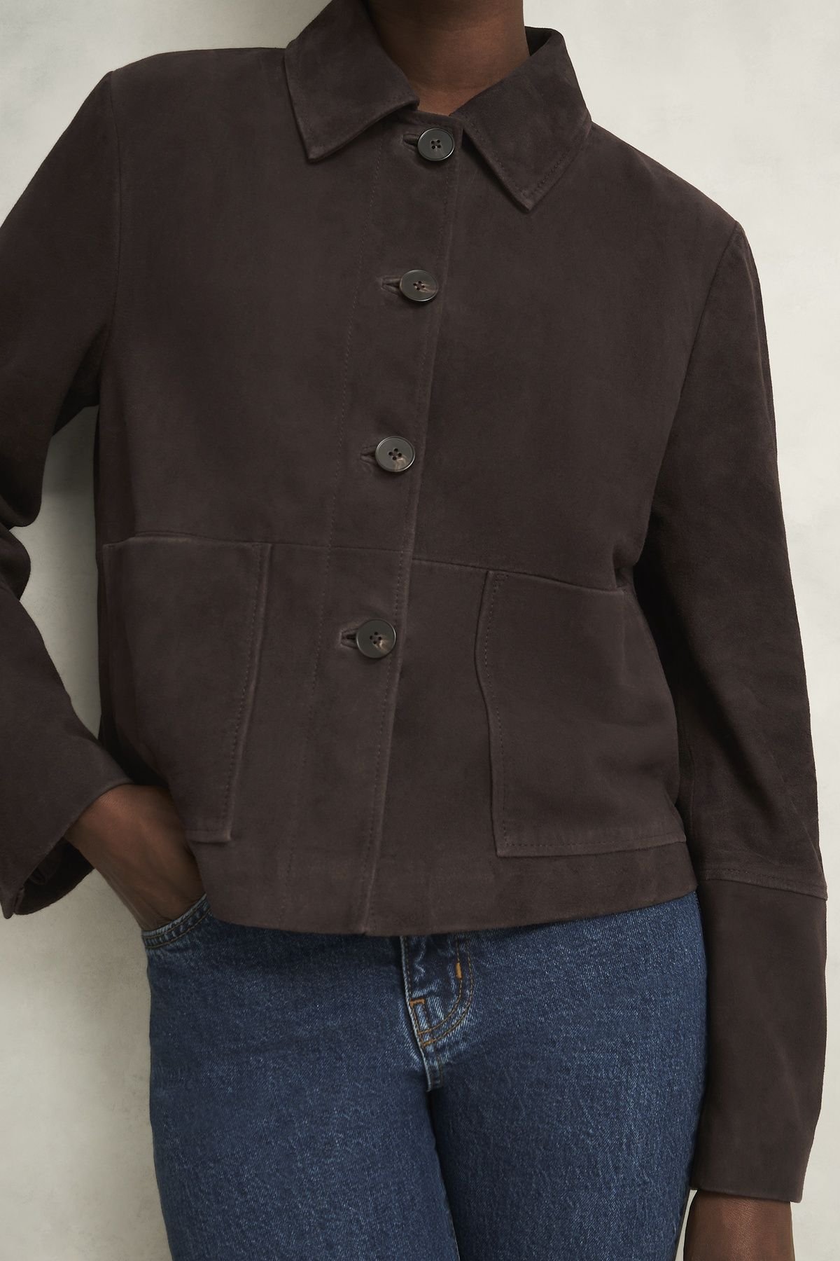 Hobbs London Hobbs London Women's Montana Cropped Button Up Jacket in Dark Brown - 3