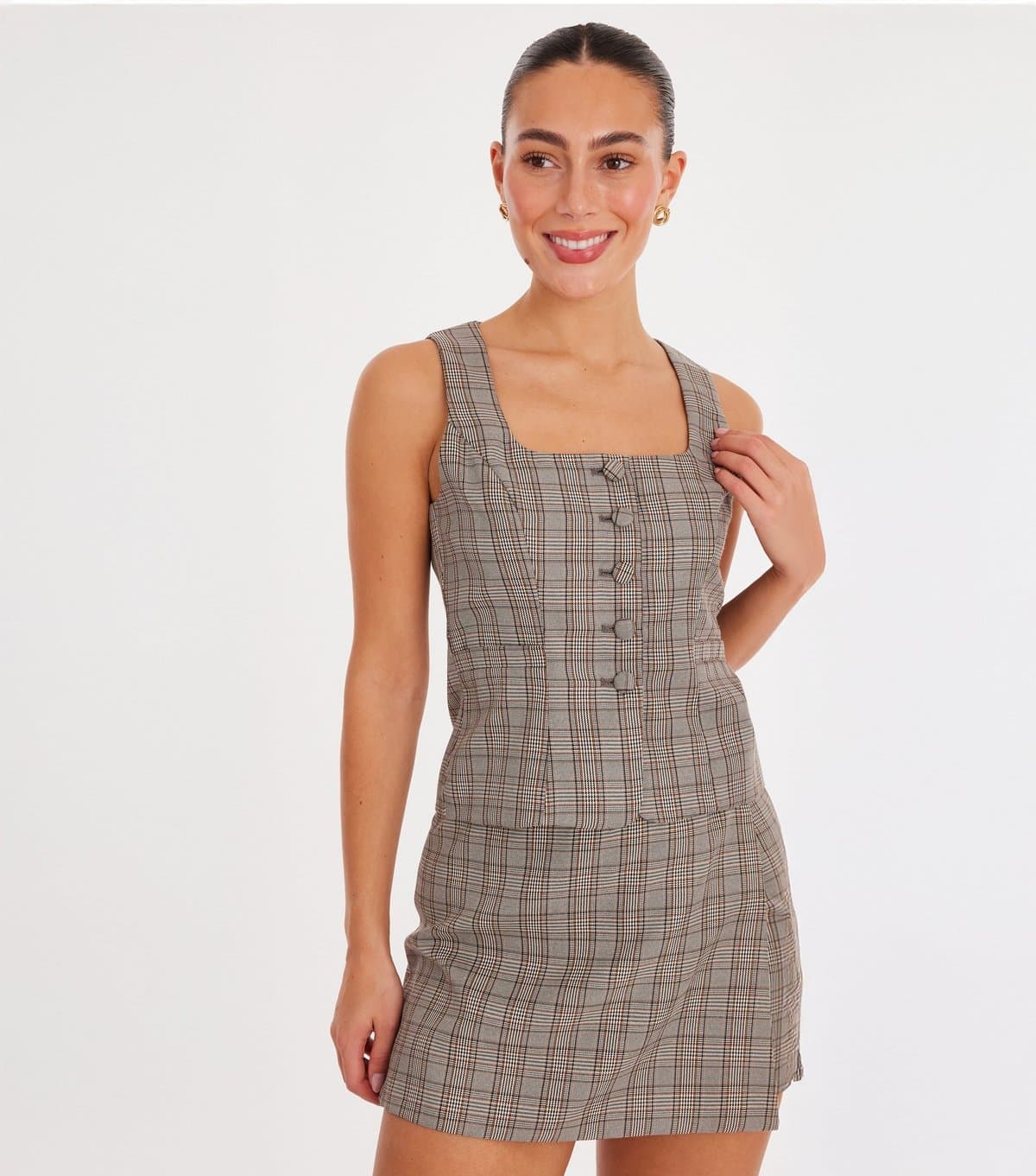 Quiz Women's Stone Woven Check Waistcoat Quiz New Look
