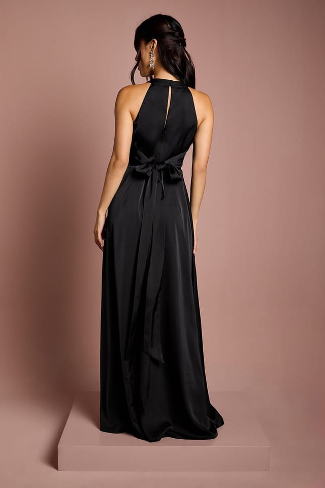 Coast Coast Women's Honoured Twist Halterneck Satin Maxi Bridesmaid Dress in Black - 3
