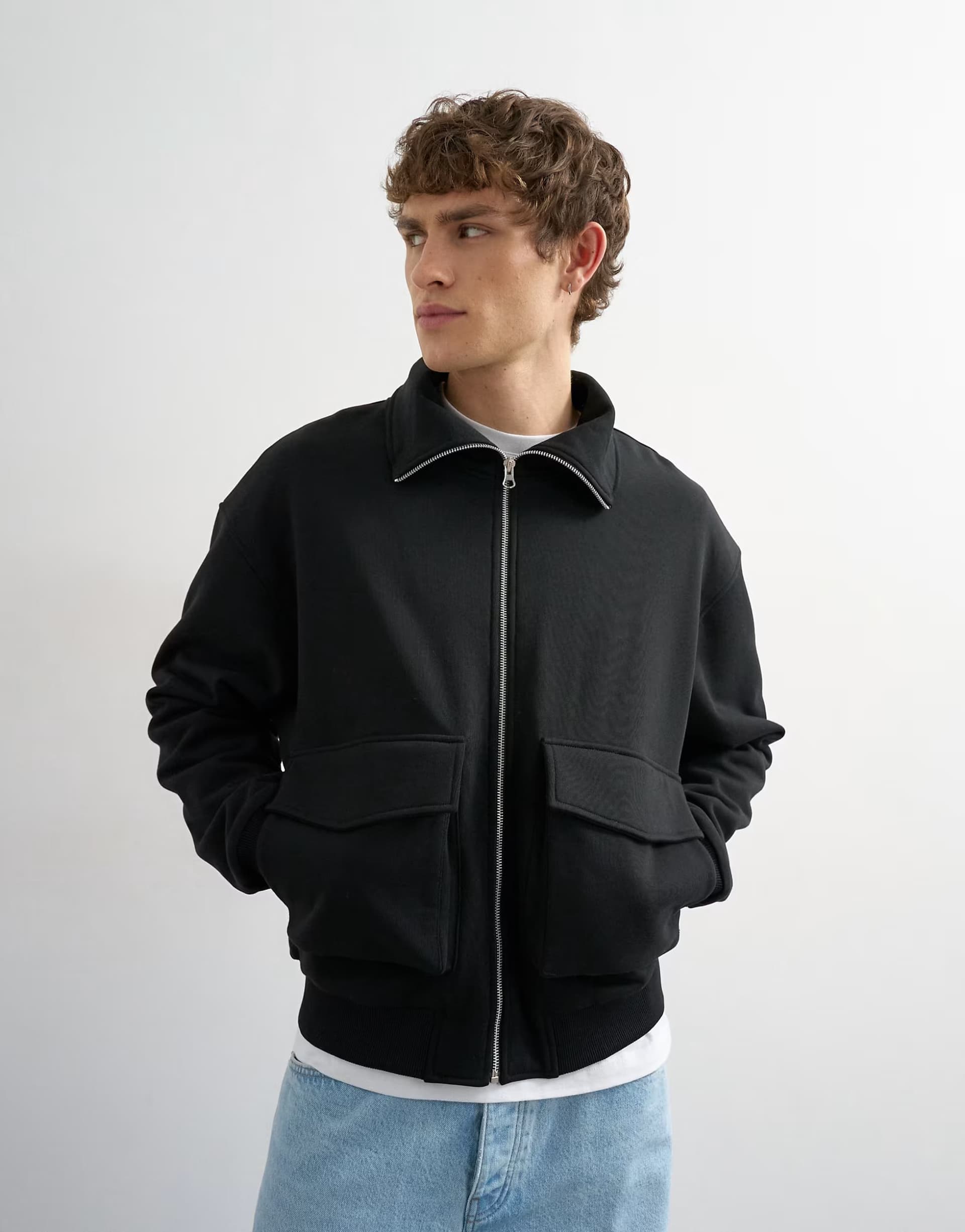 ASOS Topman relaxed fit jersey utility shacket with funnel in black