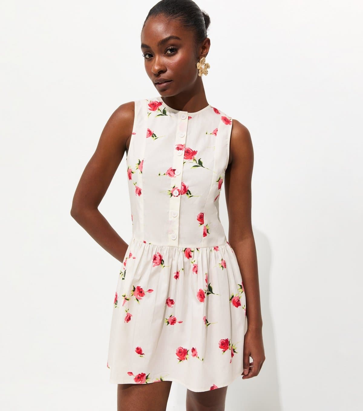 New Look Women's White Rose Print Poplin Mini Dress New Look