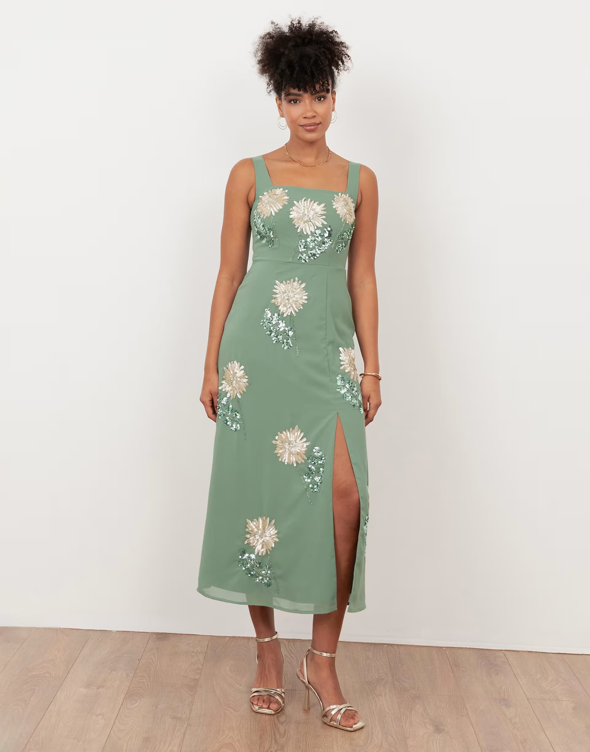 ASOS Maya Floral embellished square neck midaxi dress in deep mint