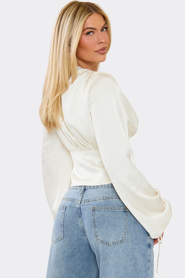 EGO EGO Women's Long Sleeve Plunging Neckline Satin Top in Cream - 2