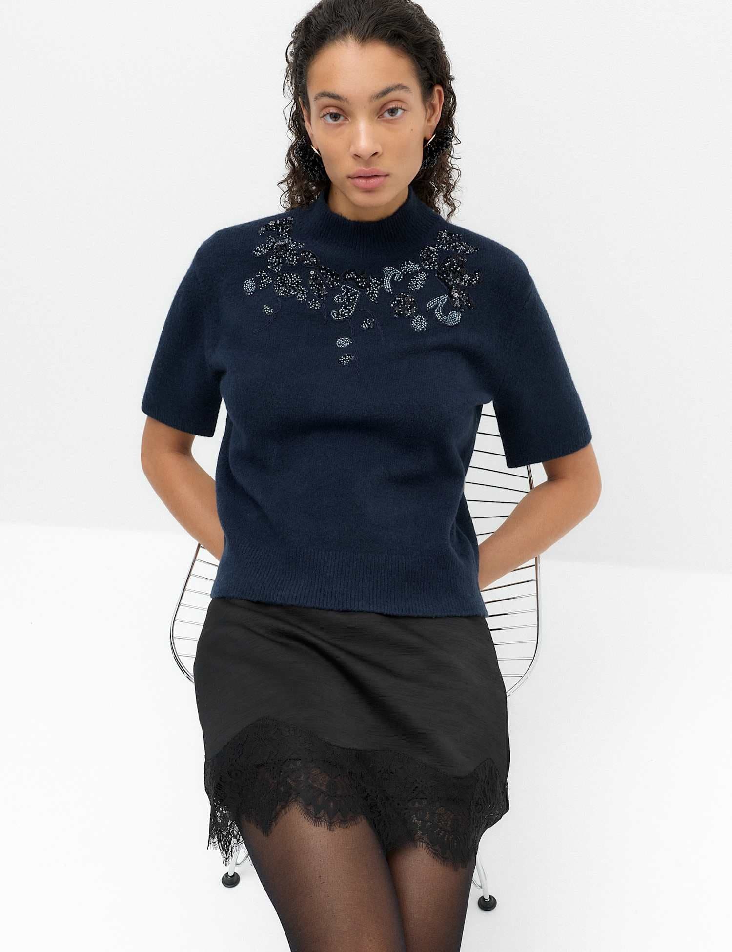 Marks & Spencer M&S Satin Textured Lace Detail Mini Slip Skirt Black