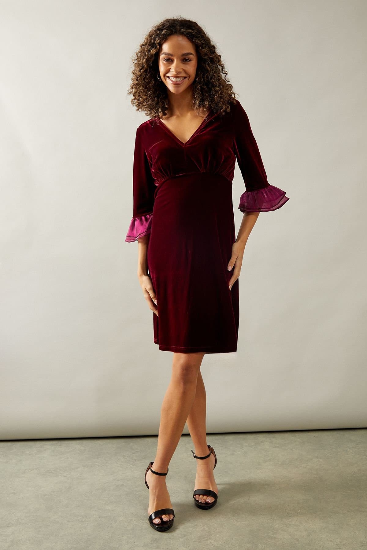 Wallis Wallis Women's Occasion Velvet Pleated Cuff Mini Dress in Wine