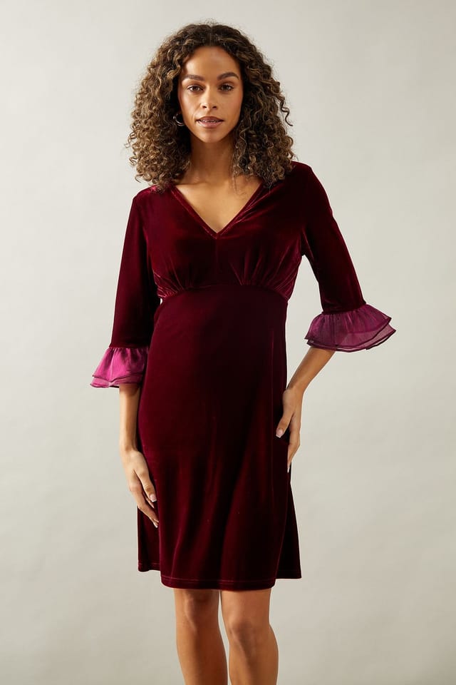 Wallis Wallis Women's Occasion Velvet Pleated Cuff Mini Dress in Wine - 2