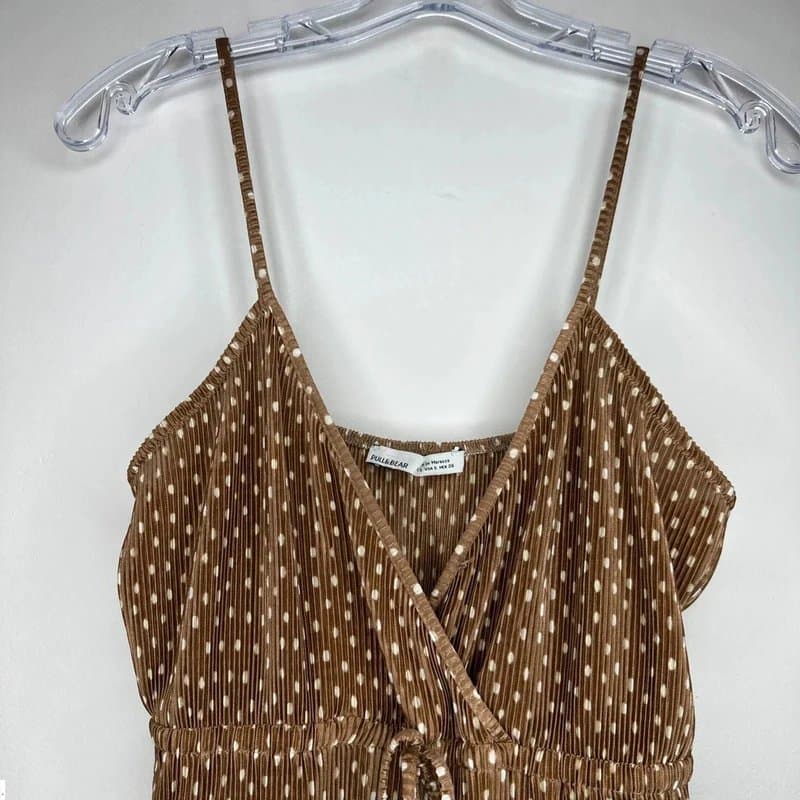Pull & Bear Pull & Bear Womens Playsuit One-Piece Size S Brown Tan White Polka Dots Pleated