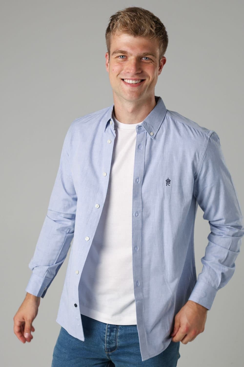 French Connection French Connection Men's Cotton Long Sleeve Oxford Shirt in Blue