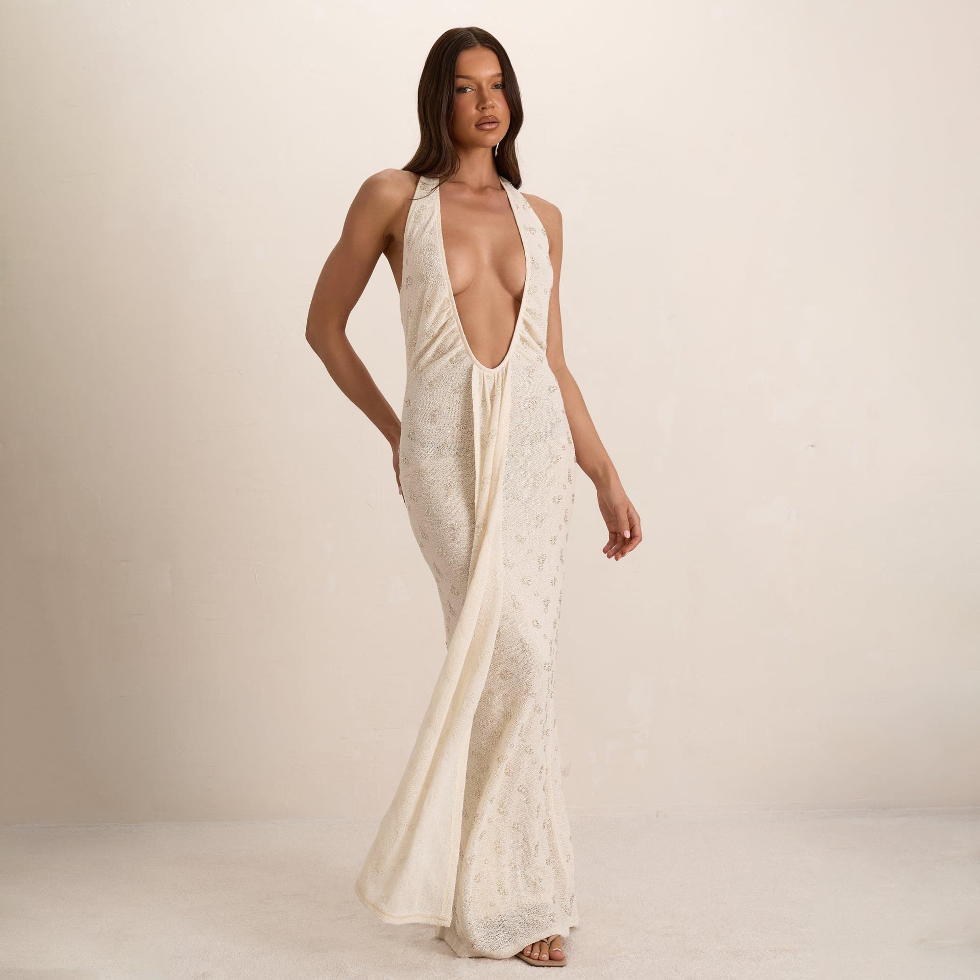 EGO Plunge Neck Draped Front Embellished Detail Maxi Dress In White, Women's Size UK L