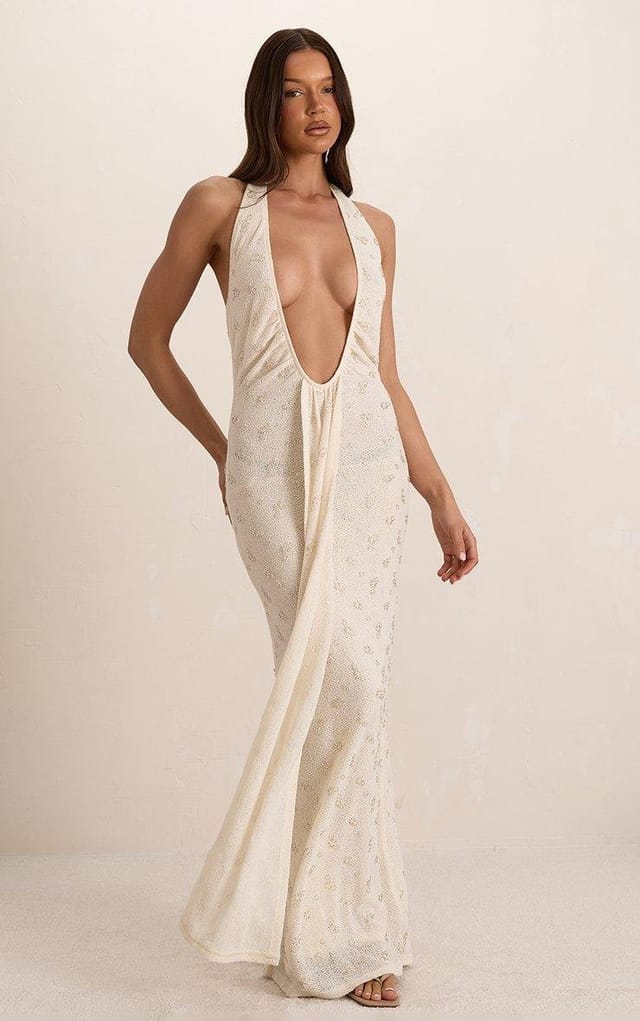 EGO Plunge Neck Draped Front Embellished Detail Maxi Dress In White, Women's Size UK L - 2