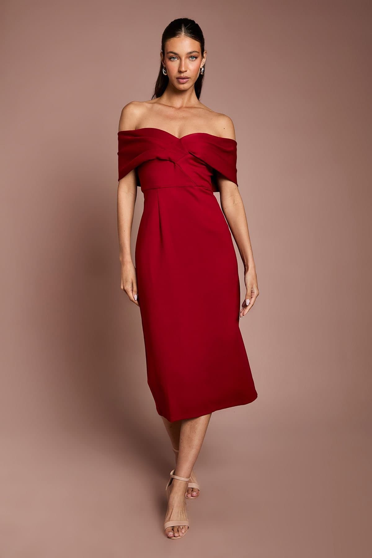 Coast Coast Women's Bardot Ponte Column Midi Dress in Burgundy