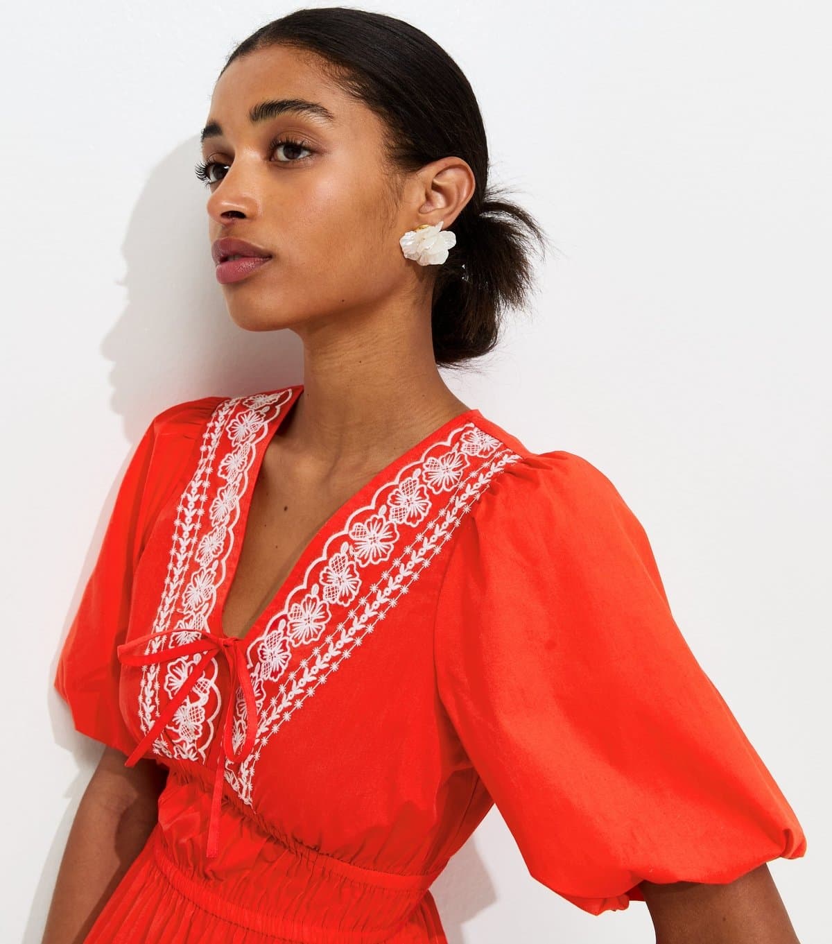 New Look Women's Bright Red Cotton Embroidered Trim Tea Blouse New Look