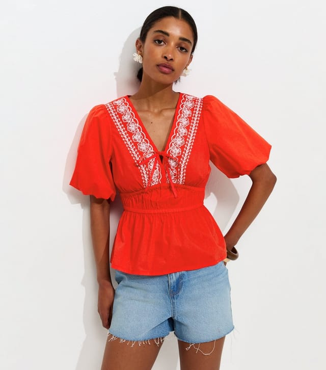 New Look Women's Bright Red Cotton Embroidered Trim Tea Blouse New Look - 2