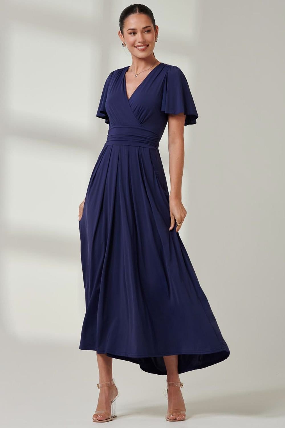 Jolie Moi Jolie Moi Women's Angel Sleeve Super-Smooth Jersey Maxi Dress in Navy - 4