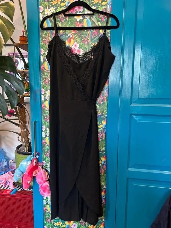Never Fully Dressed Black Slinky Wrap Cami Dress