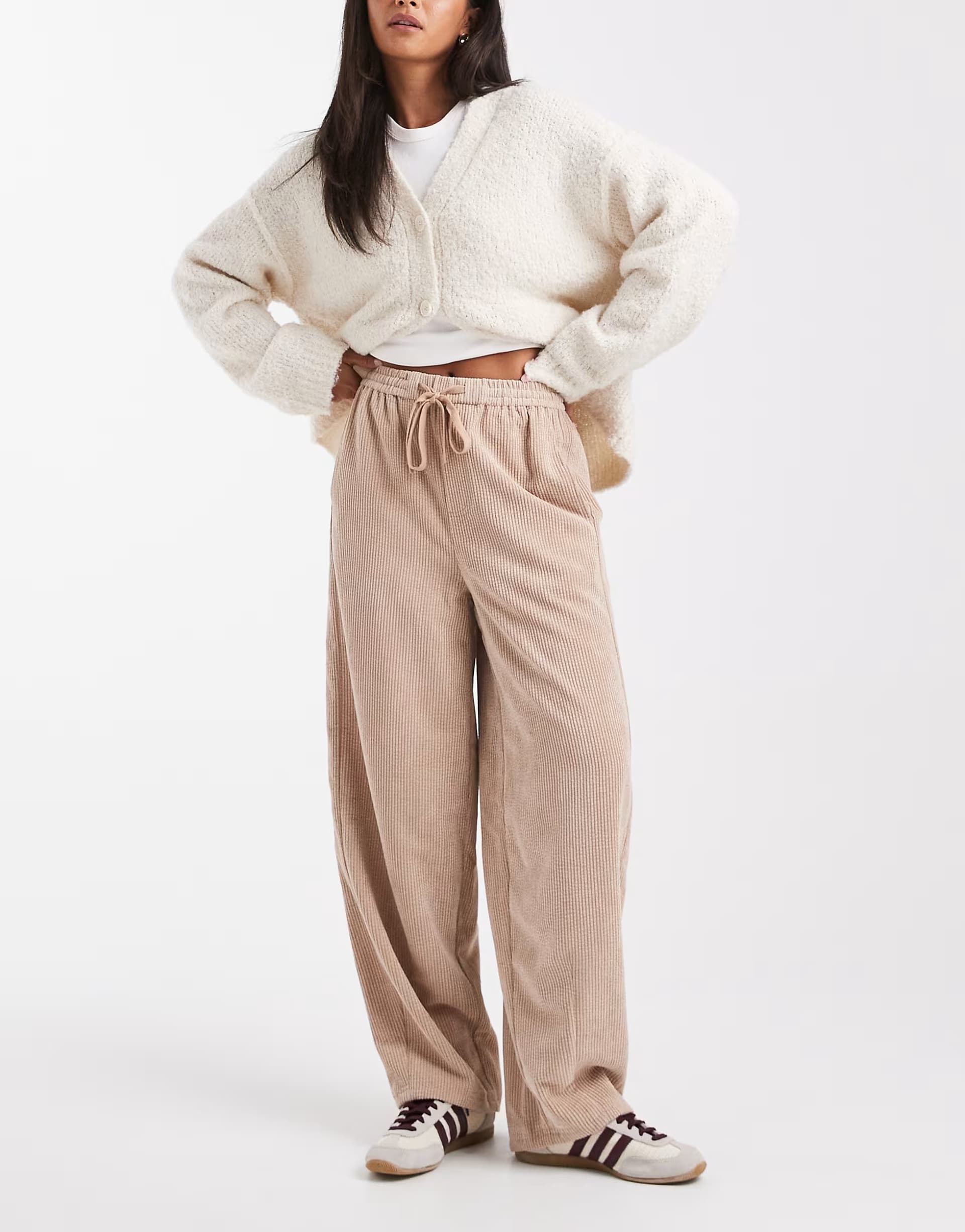 ASOS ASOS DESIGN pull on barrel leg cord trousers in taupe