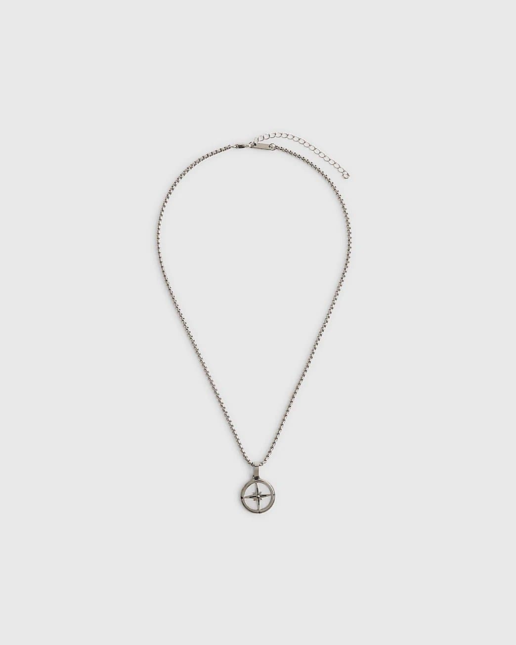 River Island Mens River Island Silver Steel Compass Necklace