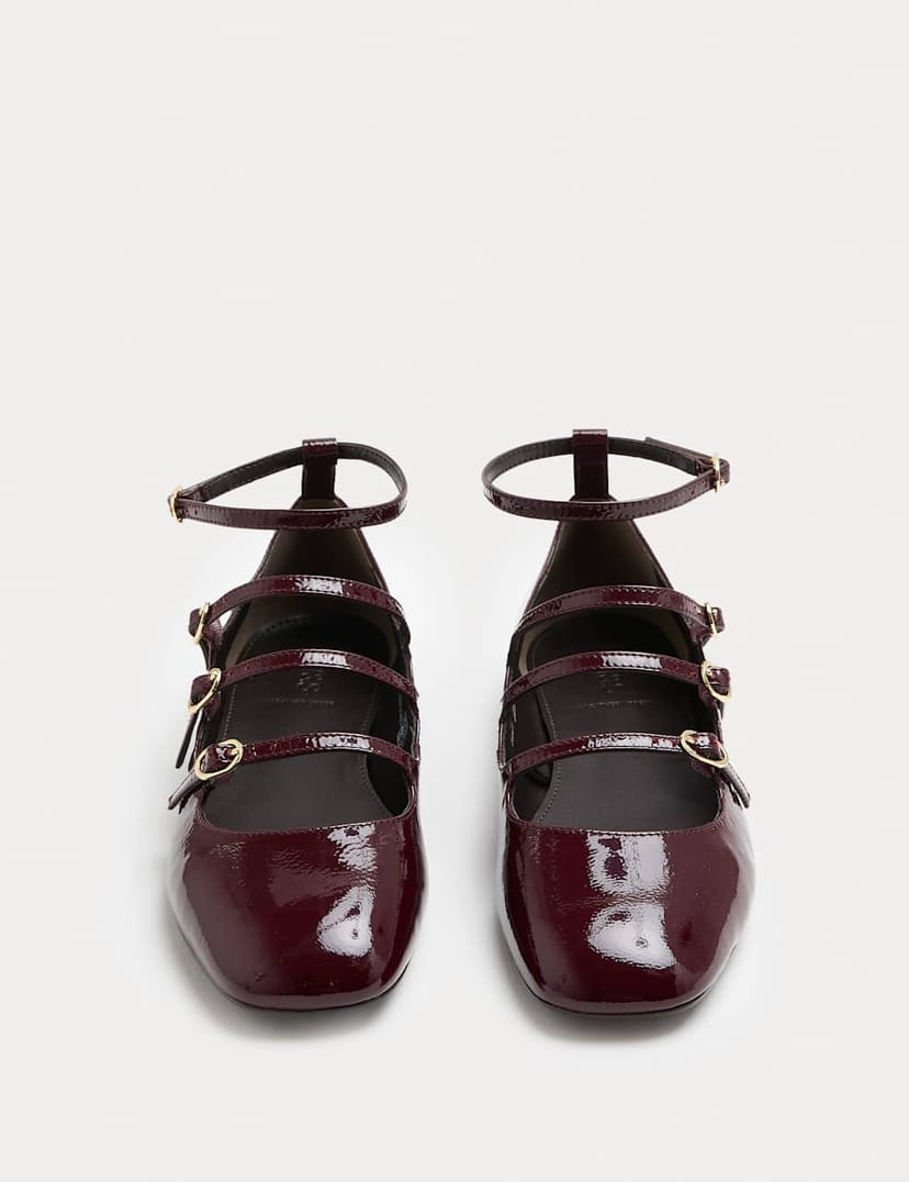Marks & Spencer M&S Leather Patent Ankle Strap Mary Jane Ballet Pump Burgundy - 1