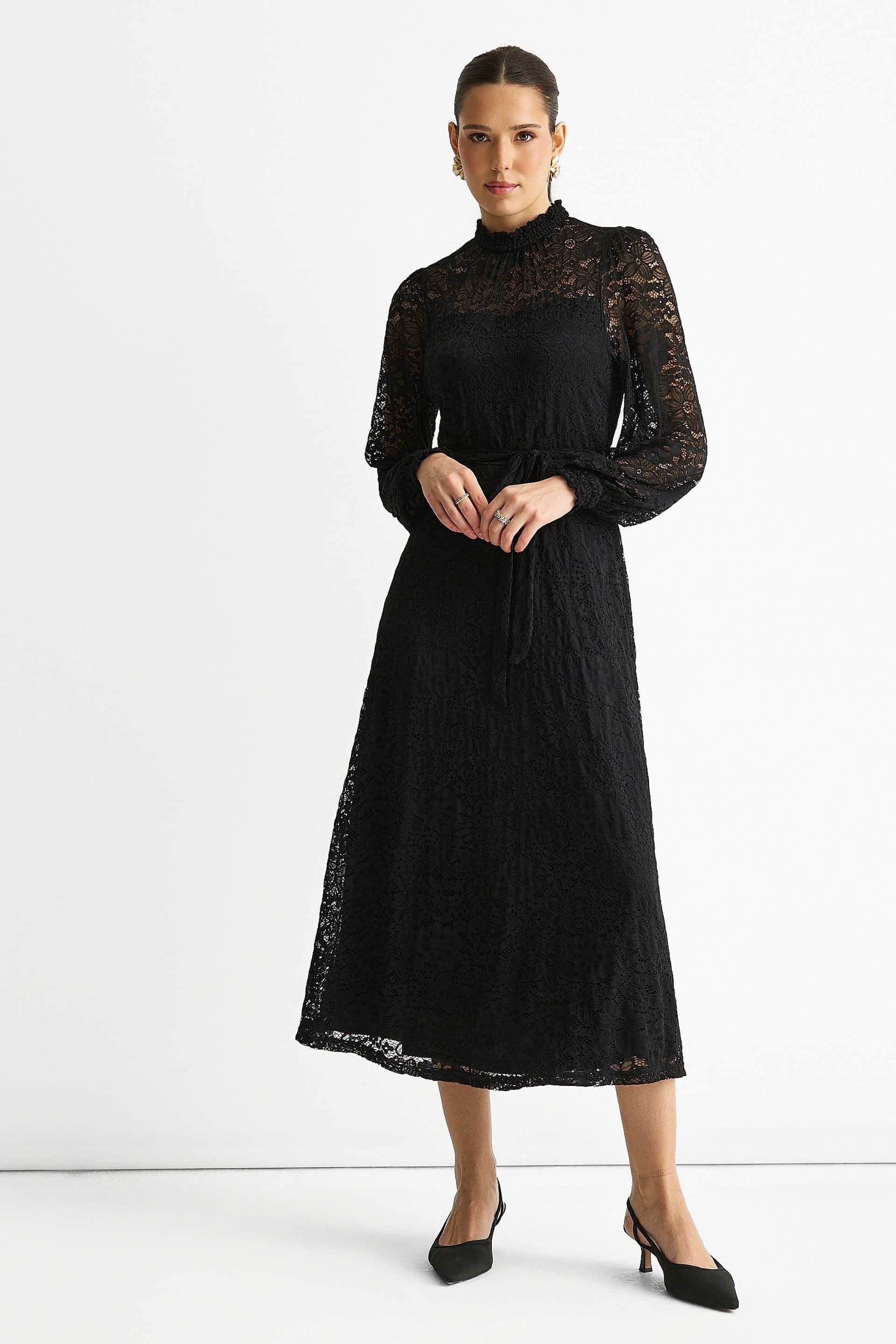 Gini London Gini London Women's Black High Neck Jersey Lace Occasion Midi Dress