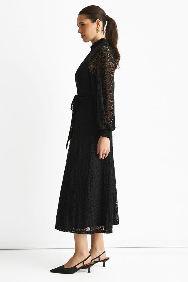 Gini London Gini London Women's Black High Neck Jersey Lace Occasion Midi Dress - 3