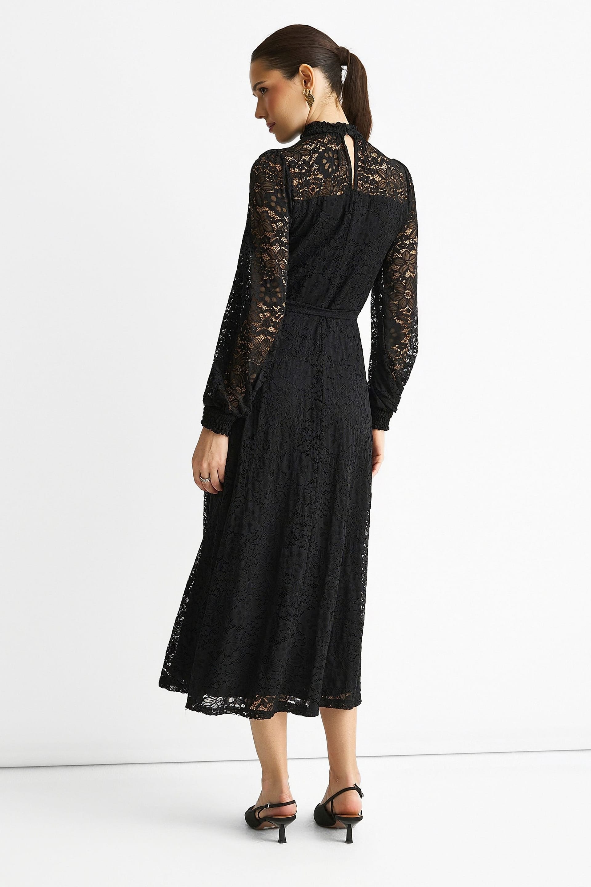 Gini London Gini London Women's Black High Neck Jersey Lace Occasion Midi Dress - 4